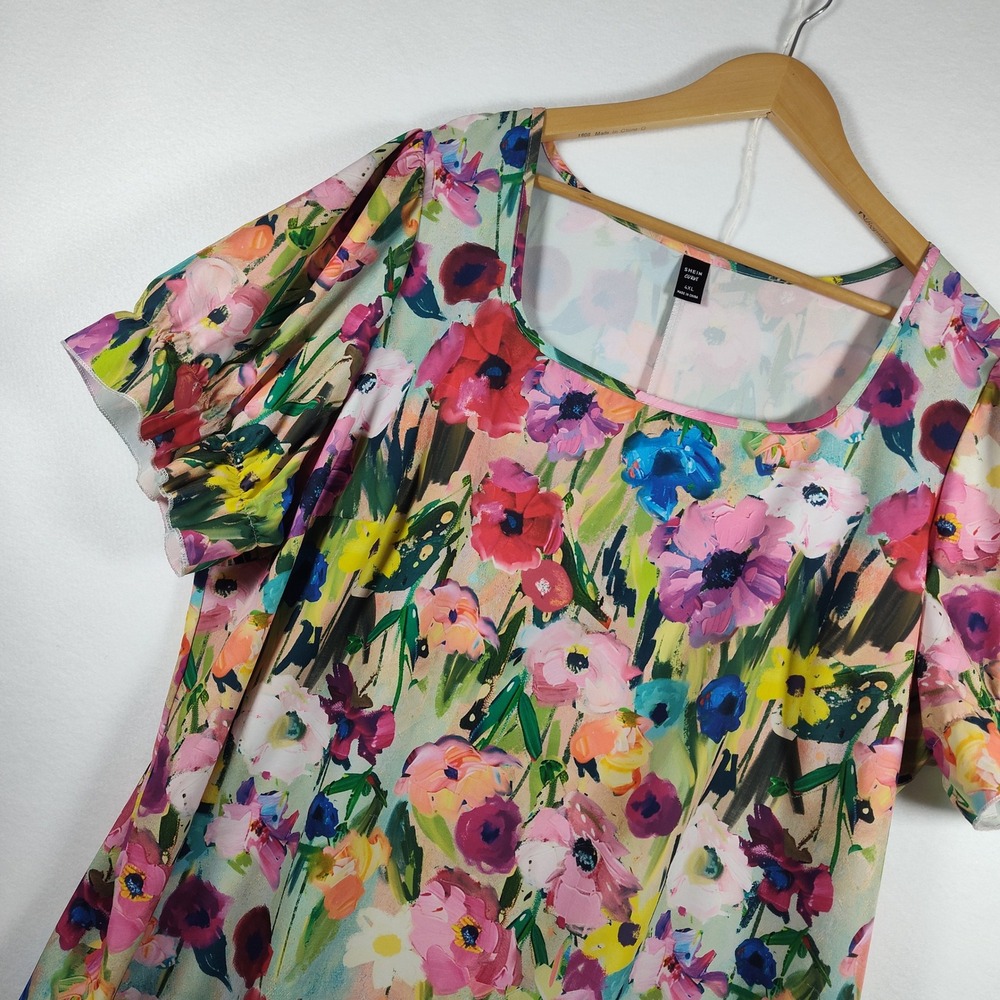 SHEIN Curve Floral Square Neck Puff Sleeve Blouse Multi-Color 4XL